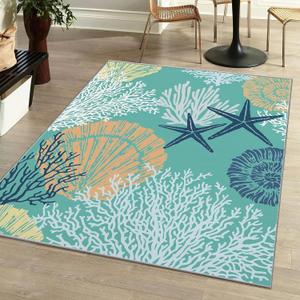 Tritard Coastal Area Rugs Nautical Beach Themed Non-Slip Machine Washable Rugs Modern Floor Carpet for Living Room Bedroom, 5x7, Teal and Turquoise (C2)