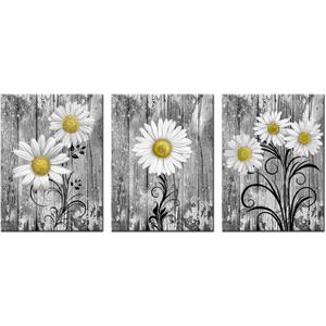 iHAPPYWALL 3 Pieces Bathroom Wall Art Yellow Grey Daisy Flowers Vintage Grey Floral Picture Print for Rustic Bath Bedroom Kitchen Home Decor Ready to Hang 12x16inchx3pcs