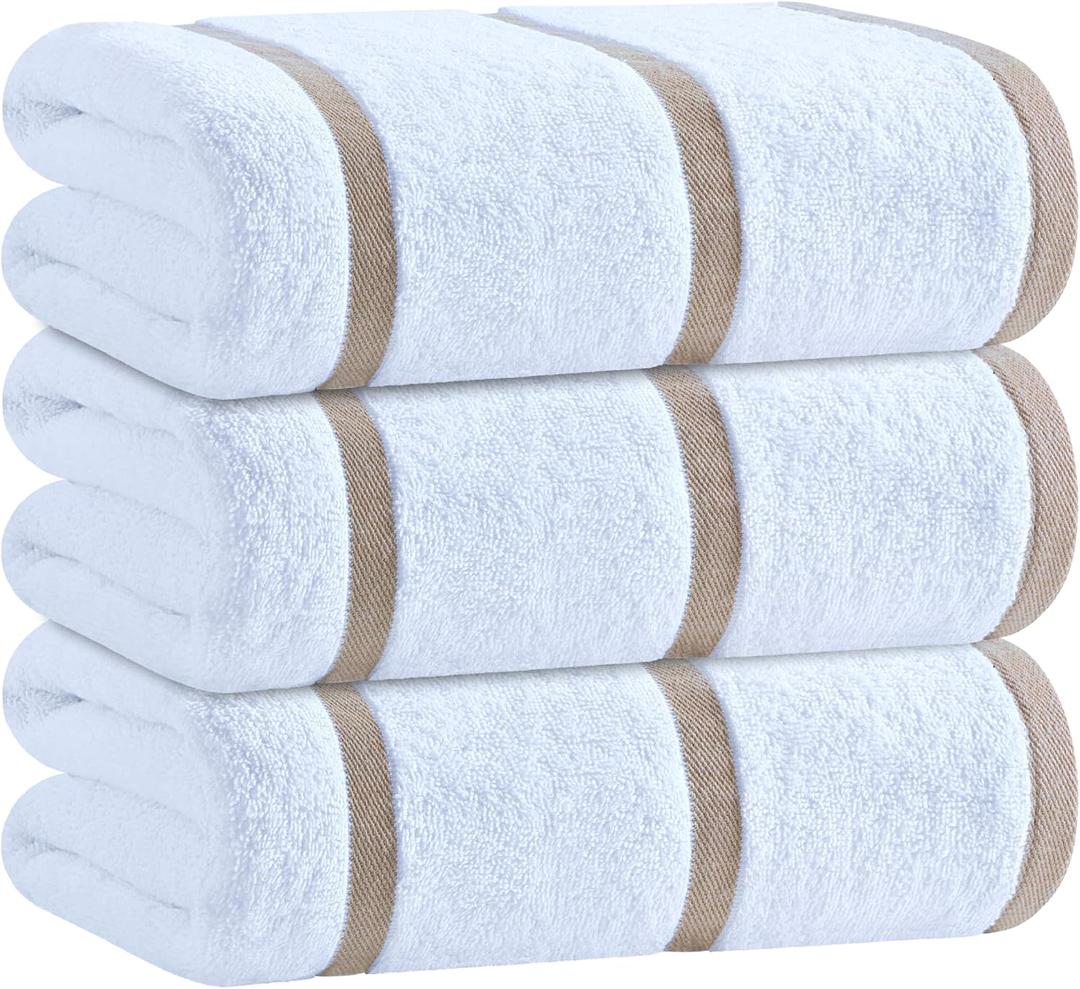White Classic Cotton Pool Towels Oversized 35 x 70 Inches, Ultra Absorbent and Low Lint Striped Beach Towels for Adults, Stripes Design Luxury Extra Large Bath Towels, Cream Beige, 3 Pack