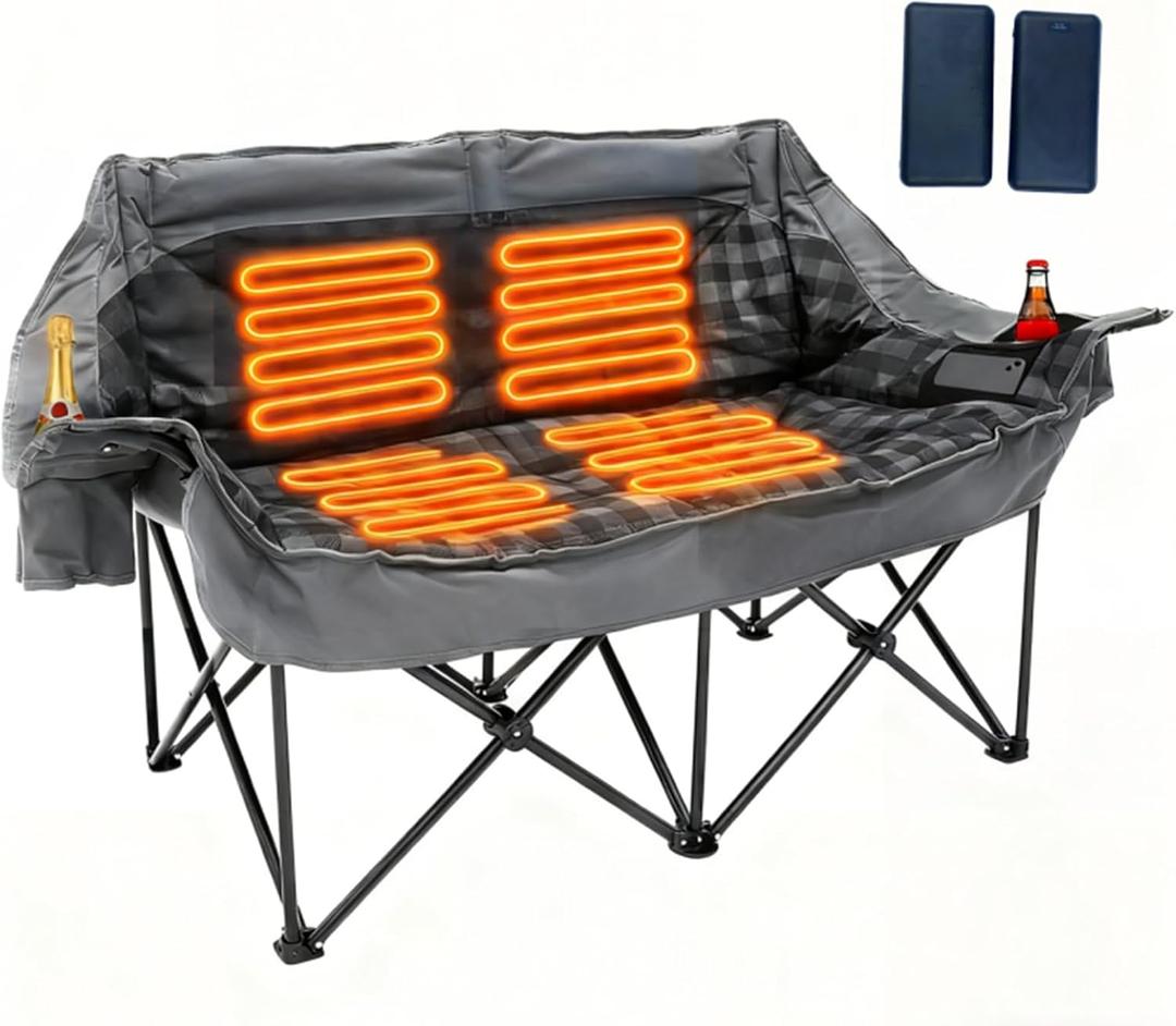 Heated Double Camping Chair with 2 Battery, Padded Camping Couch with 3 Heat Levels and 4 Heating Zones, Oversized Camp Loveseat Support 800lbs for Soccer Games, Tailgating, RV Travel, Beach Days