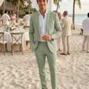 Men's Suit 3 Piece Linen Suits Slim Fit Suit Blazer Vest Pants Set Wedding Prom Tuxedos Business Casual Suit (Green, M)