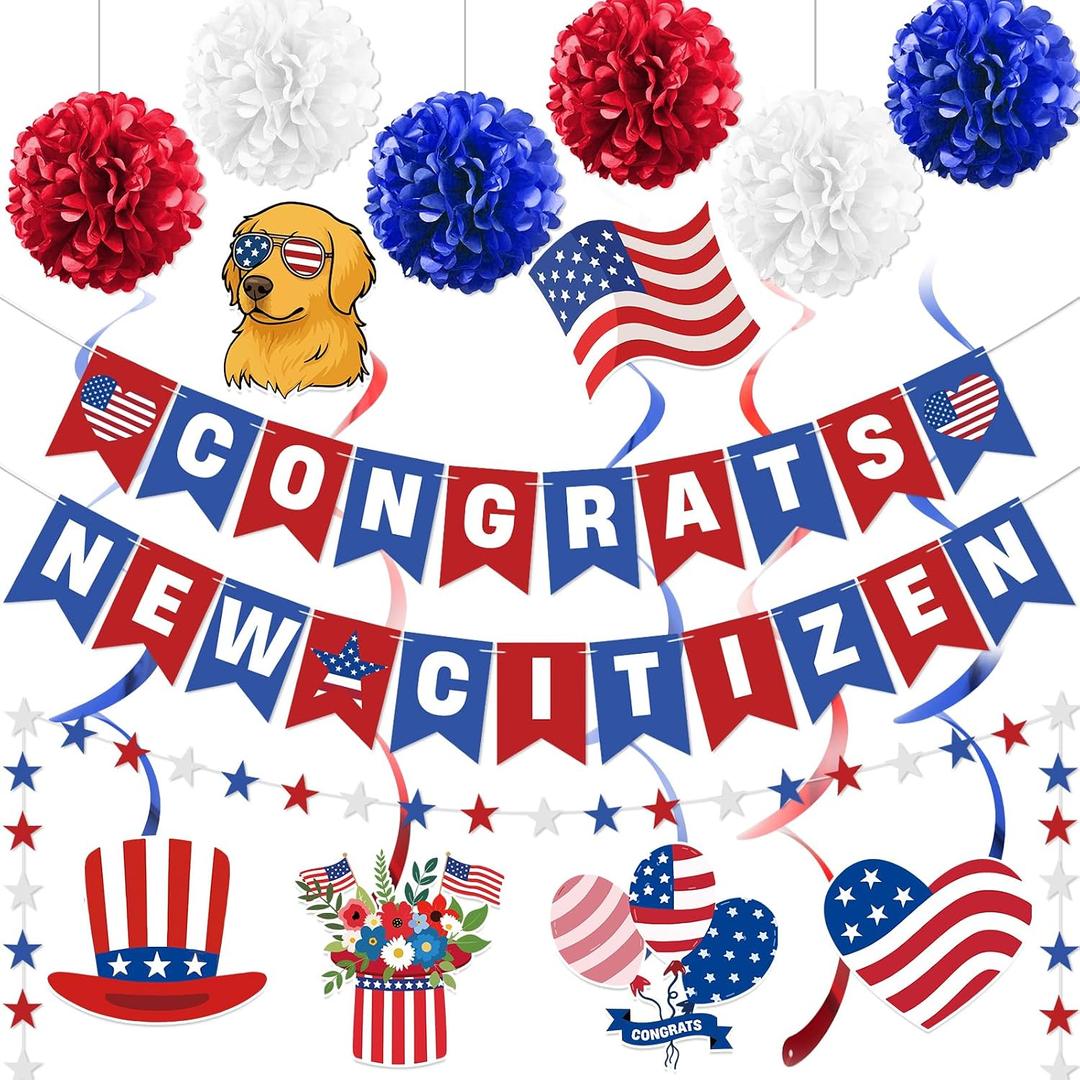 Citizenship Party Decorations with Congrats New Citizen Banner Hanging Swirls Circle Dots Garland Pompoms US Citizenship Gift Ideas for American Gifts USA Party Decor