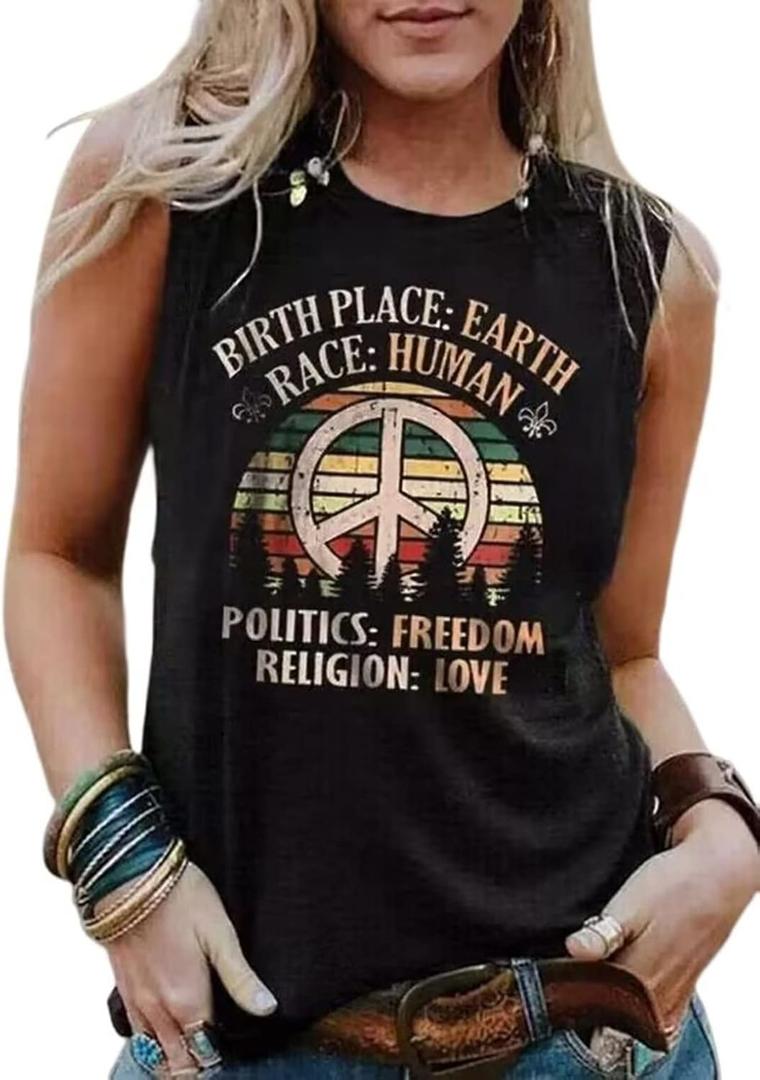 Birth Place Earth Race Human Politics Freedom Religion Love Tank Top Women Sleeveless Summer Casual Vacation Basic Shirt (Black, XL)