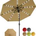 Garvee 9FT Solar Patio Umbrella with 32 LED Lights - Outdoor Table Umbrella with Crank Lift, Push Button Tilt and 8 Sturdy Ribs - Market Umbrella UV Protection for Pool, Deck, Yard, Garden -Tan