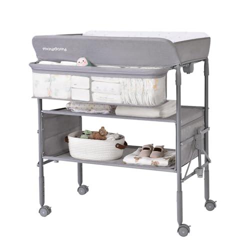 Baby Changing Table with Wheels, Maydolly Portable Foldable Changing Table, Waterproof Diaper Changing Station, Adjustable Height Changing Station, Mobile Nursery for Newborn and Infant (Grey)