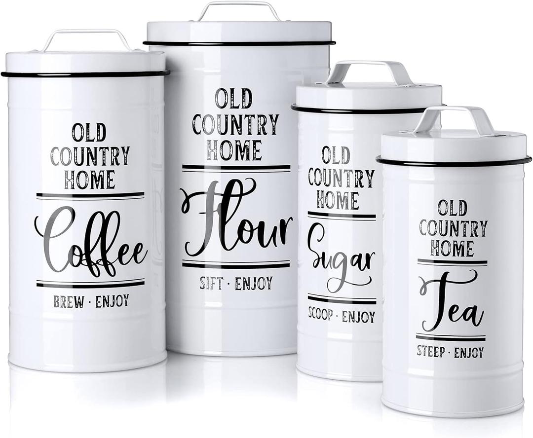 Canisters Sets for the Kitchen, Airtight Kitchen Canisters for Countertop, Flour and Sugar Containers, Tea Coffee Sugar Canister Set, Coffee Bar Decor and Accessories, Set of 4, White