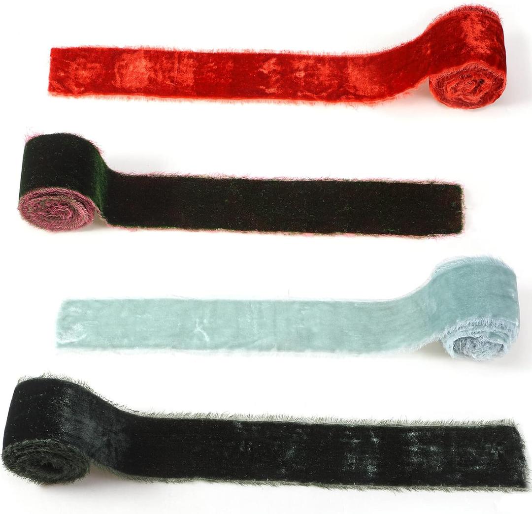 4 Roll Valentine's Day Silk Velvet Ribbon for Gift Wrapping Fringe Fabric Frayed Velvet Ribbon Raw Edge for Valentine Day Party Wedding Decor Bouquet Basket Hair(Classic Color,2 in X 8 yd)