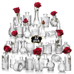 Clear Bud Vases Bulk 32,Small Flower Vases for Wedding,Glass Vintage Vase Set for Centerpieces,Recepetion,Home