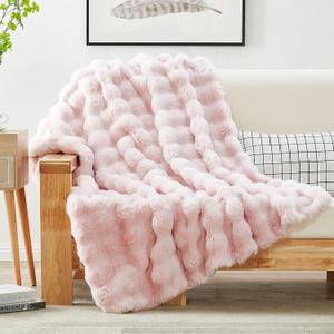 JONIYEAR Decorative Pink Bubble Faux Rabbit Faux Fur Throw Blanket 50" x 60", Super Soft Double Sided Cozy Accent Puffy Warm Furry Blankets for Winter, Lovely Cute Washable Fuzzy Blanket for Women Girl (Pink - 900 Gsm)