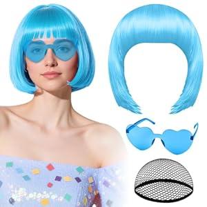 PLULON Light Blue Bob Wig with Heart Sunglasses and Hair Cap for Women, Short Bob Wigs Synthetic Colored Funny Cosplay Hairpieces for Women Men Daily Bachelorette Halloween Costume Party Decorations