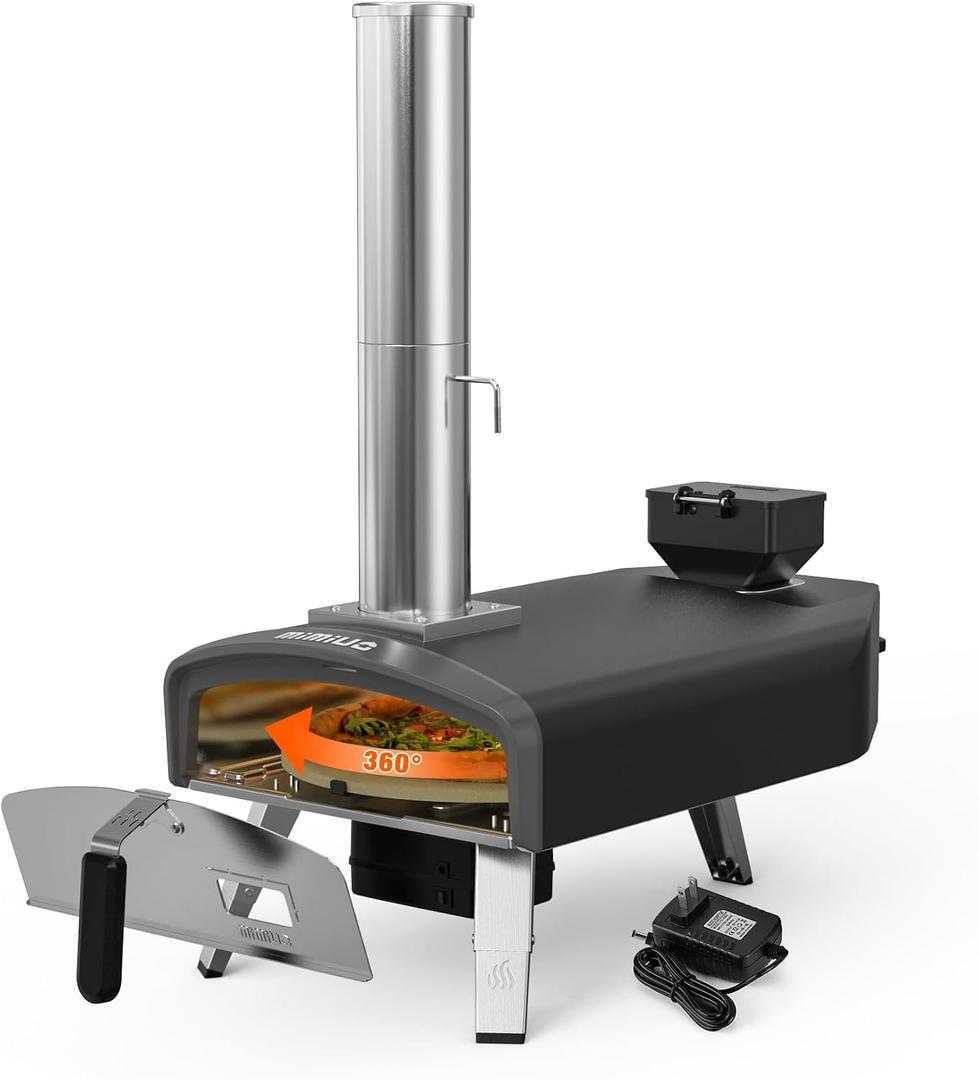 Mimiuo Outdoor Pizza Oven 12" Wood Pellet Pizza Oven with Rotating Round Pizza Stone, Portable Pizza Stove for Outside Backyard Camping Picnics