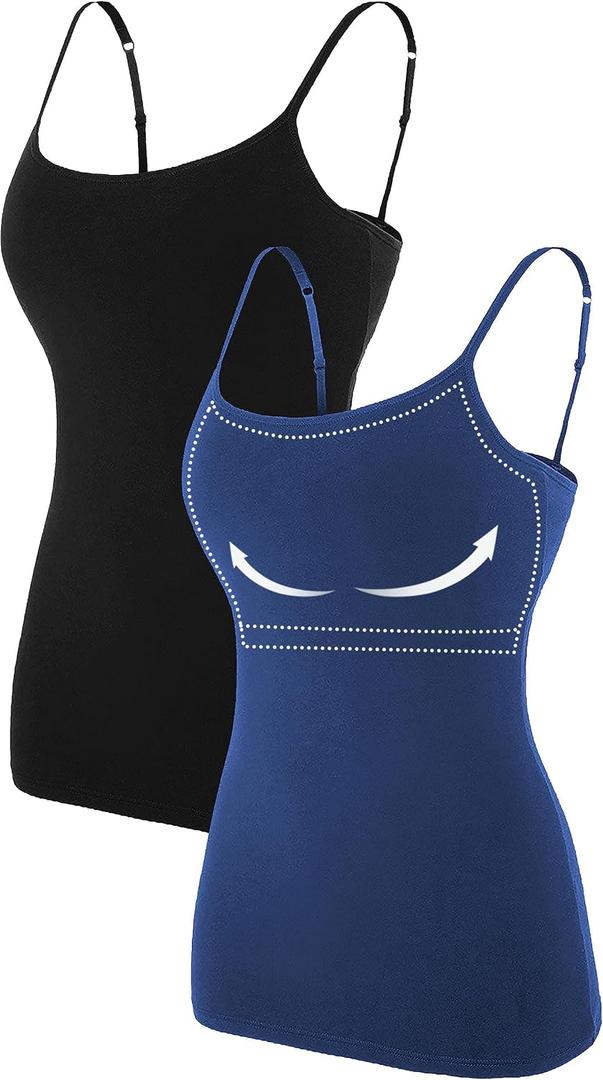 ATTRACO Women's Cotton Camisole Shelf Bra Spaghetti Straps Tank Top (Black/Blue, XL)