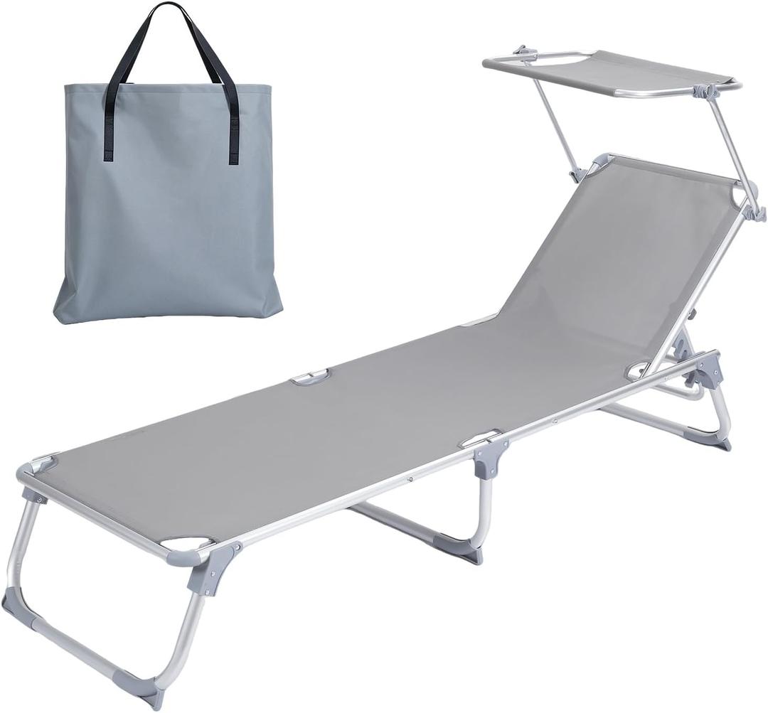 Outdoor Lounge Chair, Adjustable Backrest Folding Chaise Lounge with Canopy, Heavy Duty 264 lbs Capacity Sun Lounger for Beach, Poolside, Patio, Backyard, Camping