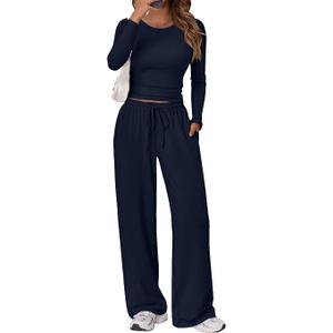 Trendy Queen Women's 2 Piece Matching Lounge Set Long Sleeve Side Ruching Top Wide Leg Drawstring Pants Set with Pockets (Medium, Navy)