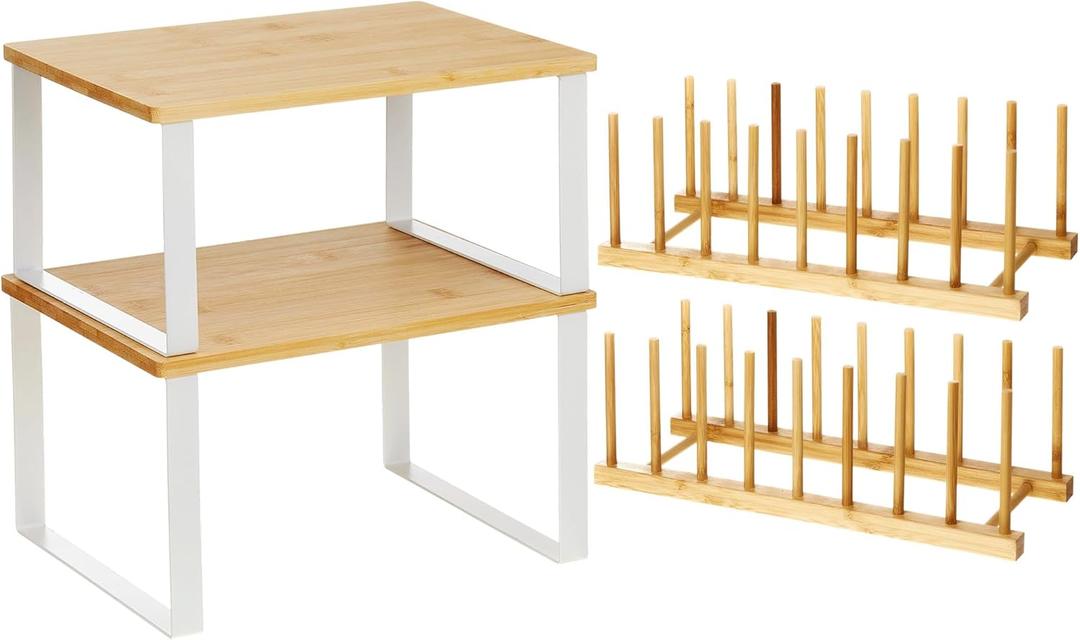 4 Pcs Kitchen Organizer Accessories Set Cabinet Organizer Shelf and Bamboo Dish Drying Plate Rack Counter Shelves Storage Holder for Spice Rack, Dish, Pot Lid, Bowl, Cup(Wooden Color)