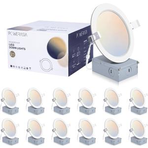 POWERASIA 12 Pack 6 Inch Ultra-Thin LED Recessed Ceiling Light with Junction Box, 5CCT Dimmable 2700K/3000K/4000K/5000K/6000K,15W 1200lm Can Killer Downlight-ETL and Energy Star Certified