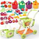 Kids Shopping Cart with Cutting Play Food Set for Kid Kitchen, 2 in 1 Shopping Cart for Kids Grocery Store Pretend Play Kitchen Accessories Sorting Food Bucket Learning Toys Gift for Toddler 3-5