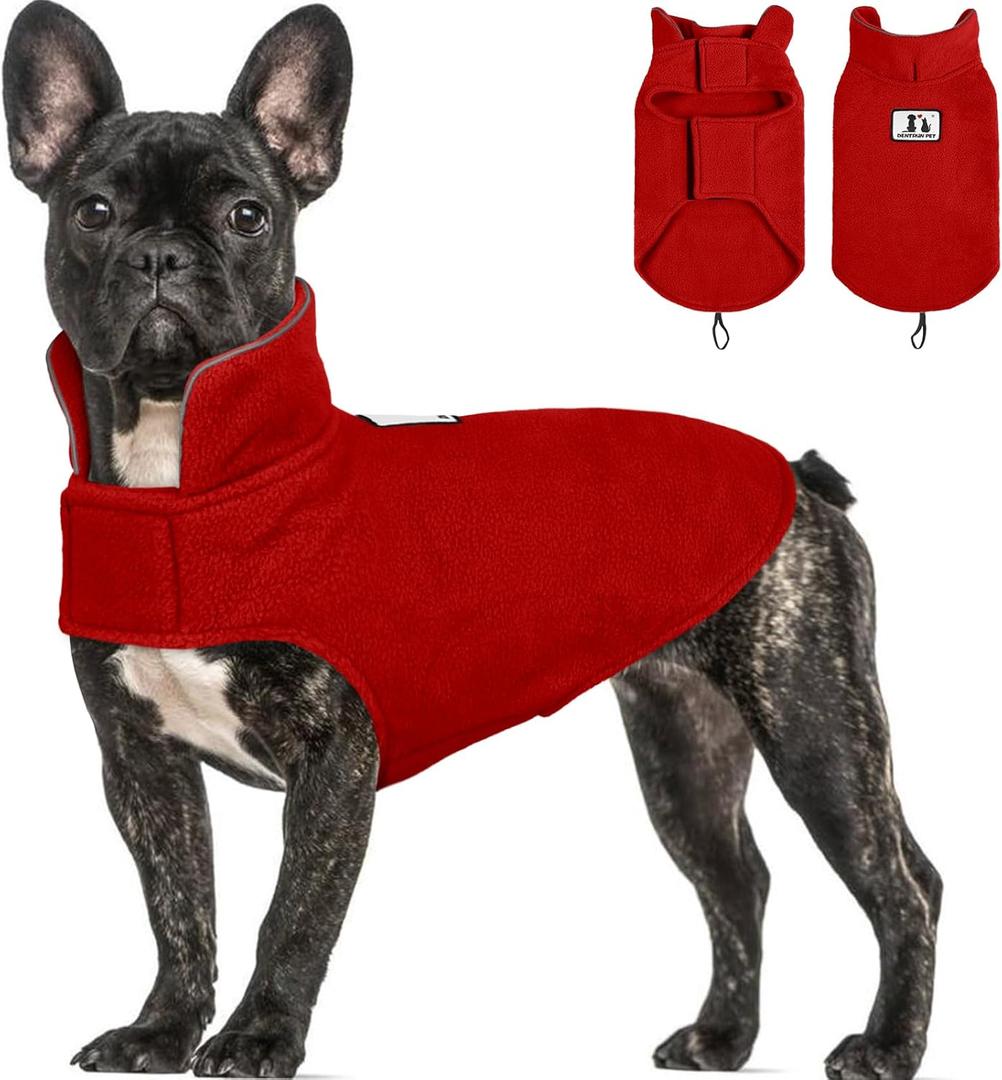 DENTRUN Reversible Dog Coat - Windproof Polar Fleece Vest with Reflective Neck Strips, Hook & Loop Closures, Easy-On Cold Weather Jacket for  Dogs (Small Dogs Sweater) (Burgundy)