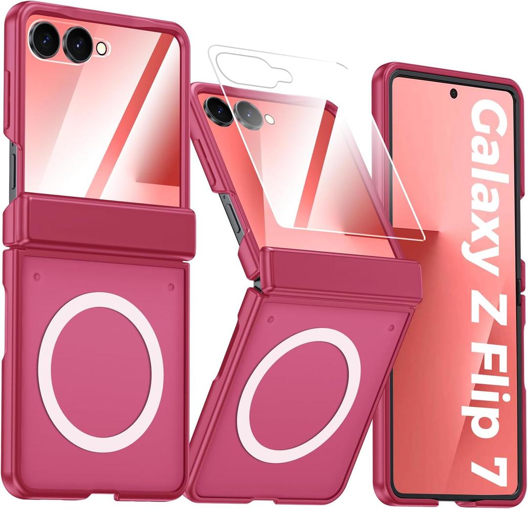 Vizvera for Samsung Galaxy Z Flip 7 Case with Magnetic Power [Slim Design][Screen Protector][Hinge Protection] Translucent Matte Shockproof Protective Phone Case for Galaxy Z Flip 7(Magnetic Coral)