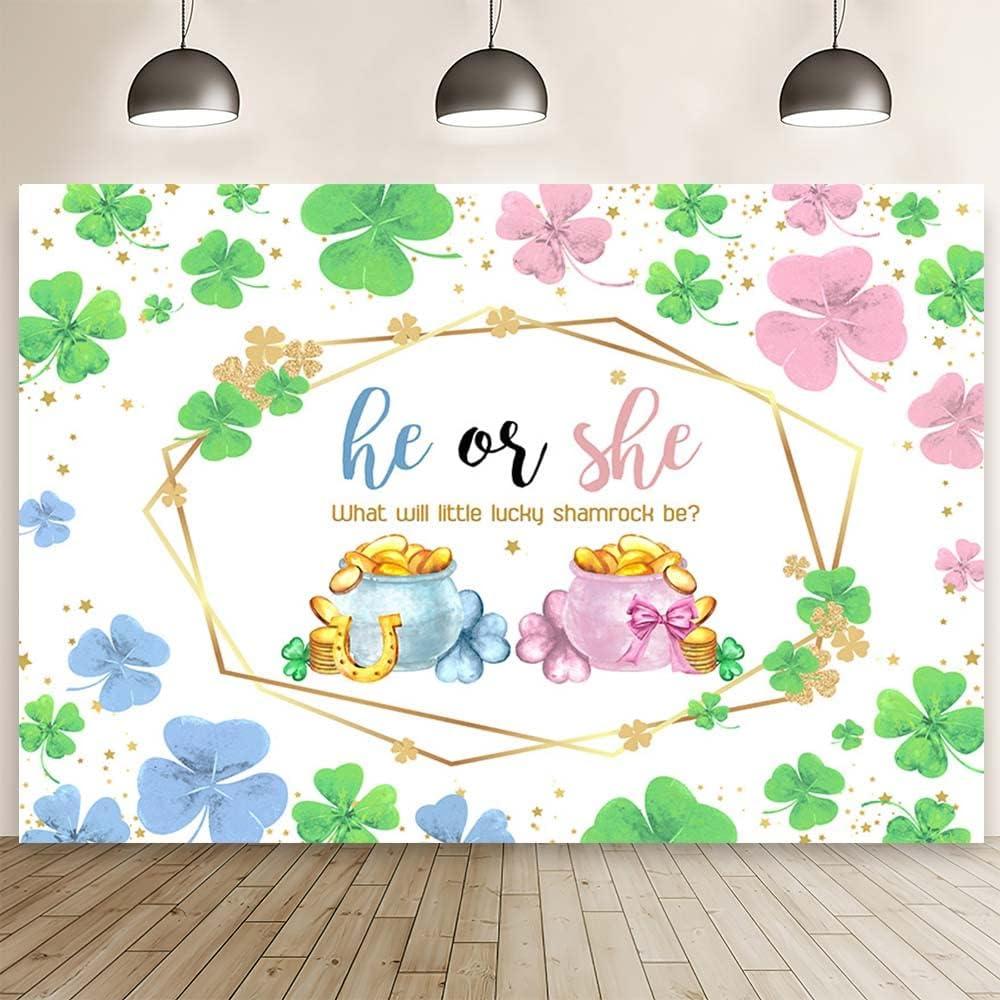 AIBIIN 7x5ft St. Patrick's Day Gender Reveal Banner Shamrock Four Leaf Clovers Baby Shower Photography Background He or She Boy or Girl Cake Smash Decorations Pots of Gold Pastel Photo Studio Props