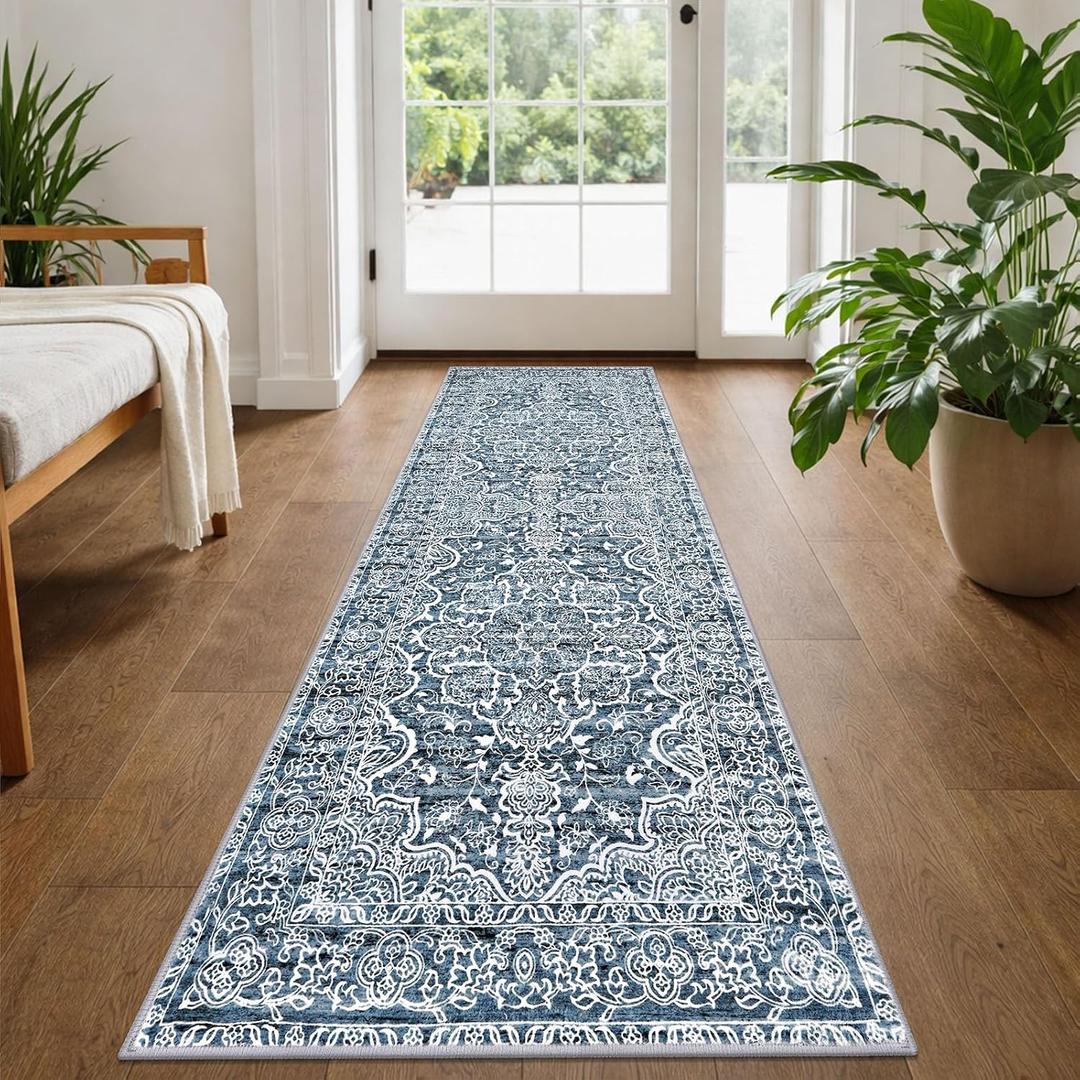 KUTA Vintage Washable Runner Rug, 2x5 Runners Non-Slip Blue White 5ft Hallway Kitchen Rugs Ultra Soft Printed Floral Distressed Tribal Farmhouse Carpet for Bedroom Entryway Decor