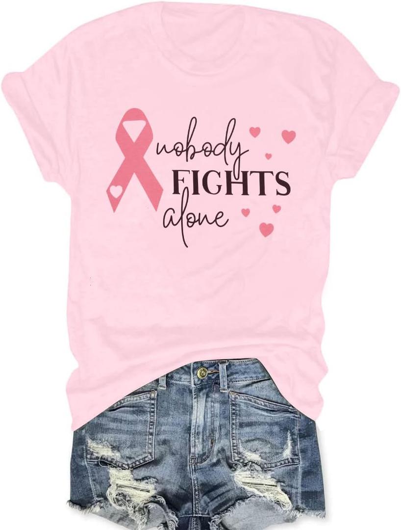 Cancer Shirt for Women Breast Cancer T-Shirt Nobody Fights Alone Shirts We Wear Pink Shirt Ribbon Short Sleeve Tee Tops (M)