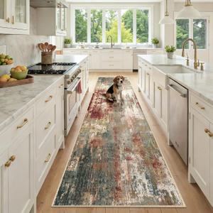 RELEANY Washable Area Rugs 2'6"x10 Non-Slip Modern Abstract Soft for Living Room Entryway Bedroom Nursery, Print Pattern, Brown Rust Red Green Blue Multi