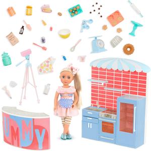 Glitter Girls  14-Inch Doll Set  Cooking Show with 50+ Food & Baking Accessories Camera, Counter, Display Case, Fridge  3+ Years  Chrissy & Bake Vlog