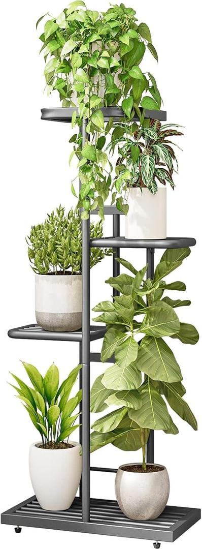 LINZINAR Plant Stand Indoor Outdoor Metal 4 Tier 5 Potted Multiple Flower Pot Holder ShelfPlanter Display Shelving Unit for Patio Garden Corner Balcony Living Room (Dark Grey)