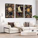 3pcs Celestial Sun and Moon Canvas Wall Art Crescent Moon Tarot Picture Botanical Wildflowers Painting Posters Astrology Gothic Print Aesthetic Artwork for Living Room Bedroom Decor 12x16in canvas (16L" x 12W")