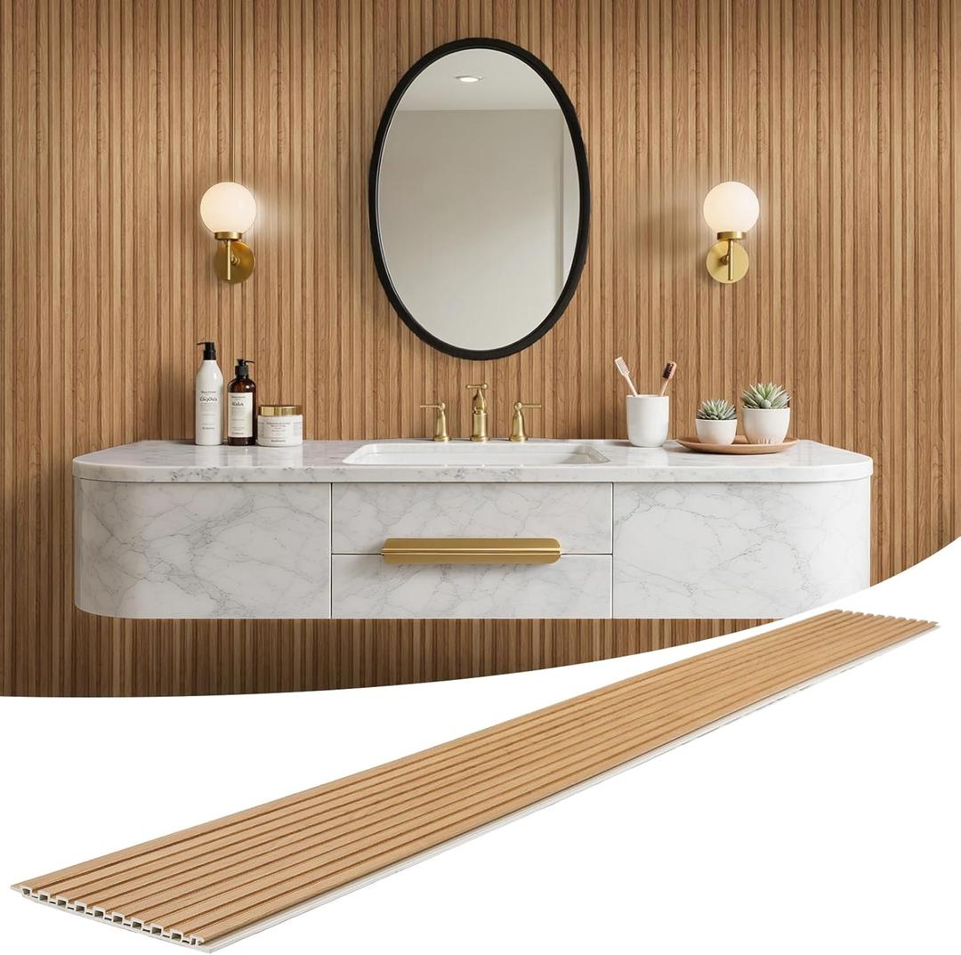WPC Slat Wall Panels 8 Pack 96" x 8.2", Waterproof Fluted Wall Paneling, Accent 3D Wall Panel for Wall Decor, Bathroom, Bedroom, Office - Widen Low Grille Elm (Cover Approx.44 sq.ft)