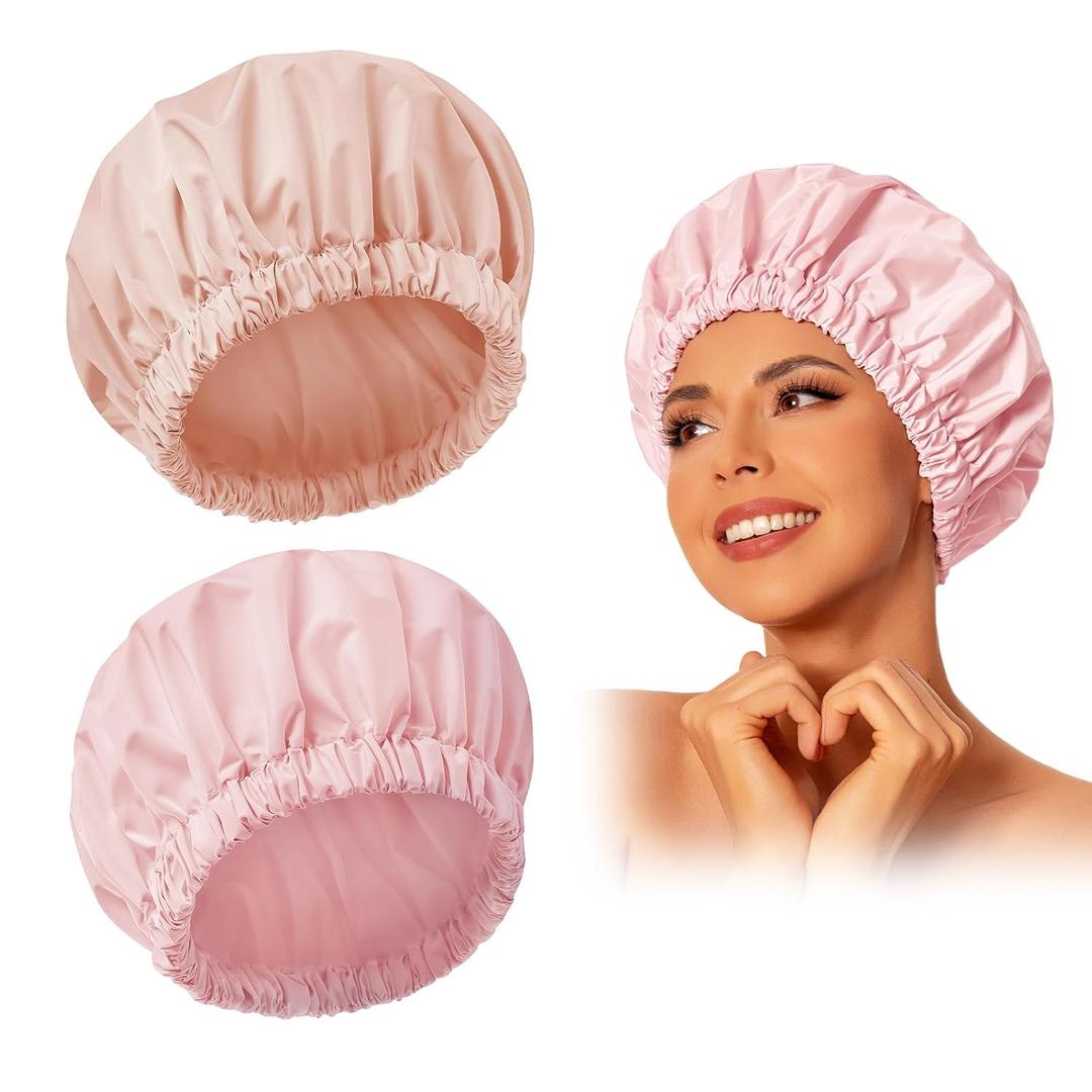 Reusable Shower Cap for Women, Large Waterproof Shower Essentials Bonnet Washable Elastic Band Bath Hair Wrap Hat for Long Hair, Braids(Pink & Beige)
