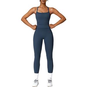 Women's Yoga Outfits Backless Strappy Sports Bra and Seamless Leggings Matching Active Jogger Outfits (Navy Blue, Small)