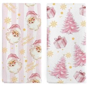 nvucamd Pink Santa Christmas Kitchen Towels Set of 2, Preppy Christmas Tree Decor Hand Towels for Bathroom, Pink Xmas Snowflake Dish Tea Towel for Kitchen, Preppy Girly Bathroom Decor, 16x24 Inch