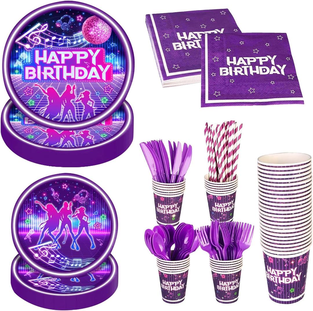 192PCS Birthday Decorations Set, Theme Party Supplies with Party Plates Napkins Cups Knives Forks Spoons Straws for School Classroom Decor, Fan Meeting