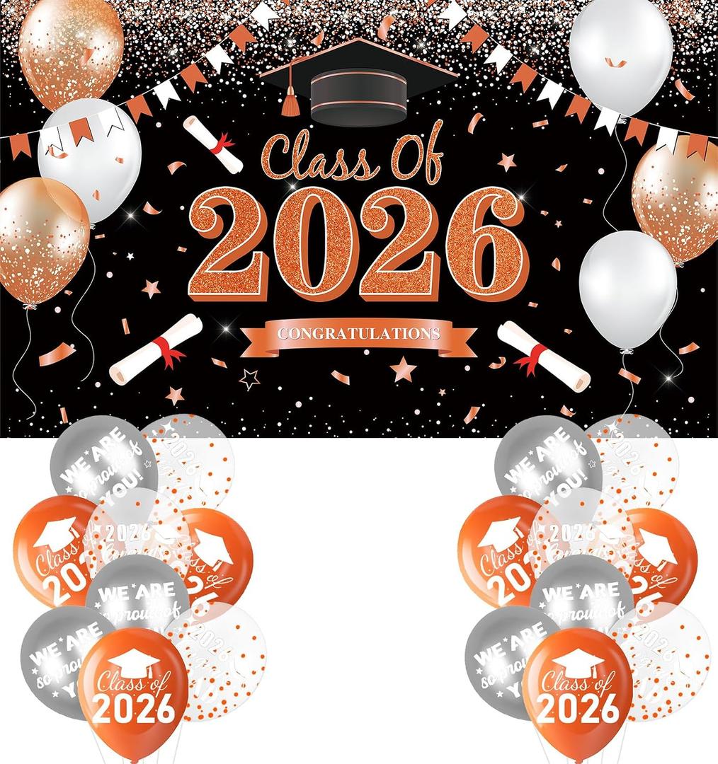 Black and Orange Class of 2026 Banner, Large Congratulations Banner Backdrop, Graduation Party Decorations 2026 for Indoor, Outdoor, High school, College Congrats Grad Celebrations Supplies