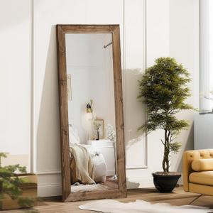 Full Length Mirror 58"x22" - Beveled Edge Rustic Brown Dressing Mirror, Solid Wood Frame, Wall Mounted or Leaning for Bedroom, Entryway, Living Room
