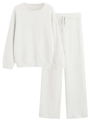 GKBK Lounge Sets for Women 2 Piece Fuzzy Fleece Pajamas Long Sleeve Oversized Lounge Set 2025 Fall Winter Trendy Off White Small