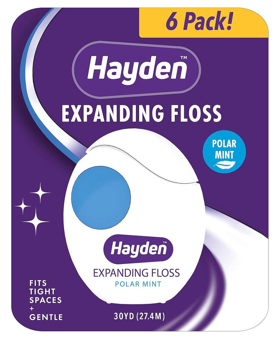 Hayden Expanding Dental Floss. Expands To Clean Between Tight Teeth. 6 Pack Value. Fresh Feeling Polar Mint Woven Floss. Anti Tartar Actives for Gentle Care. 180 Yards. Expandable Clean. PFA Free.