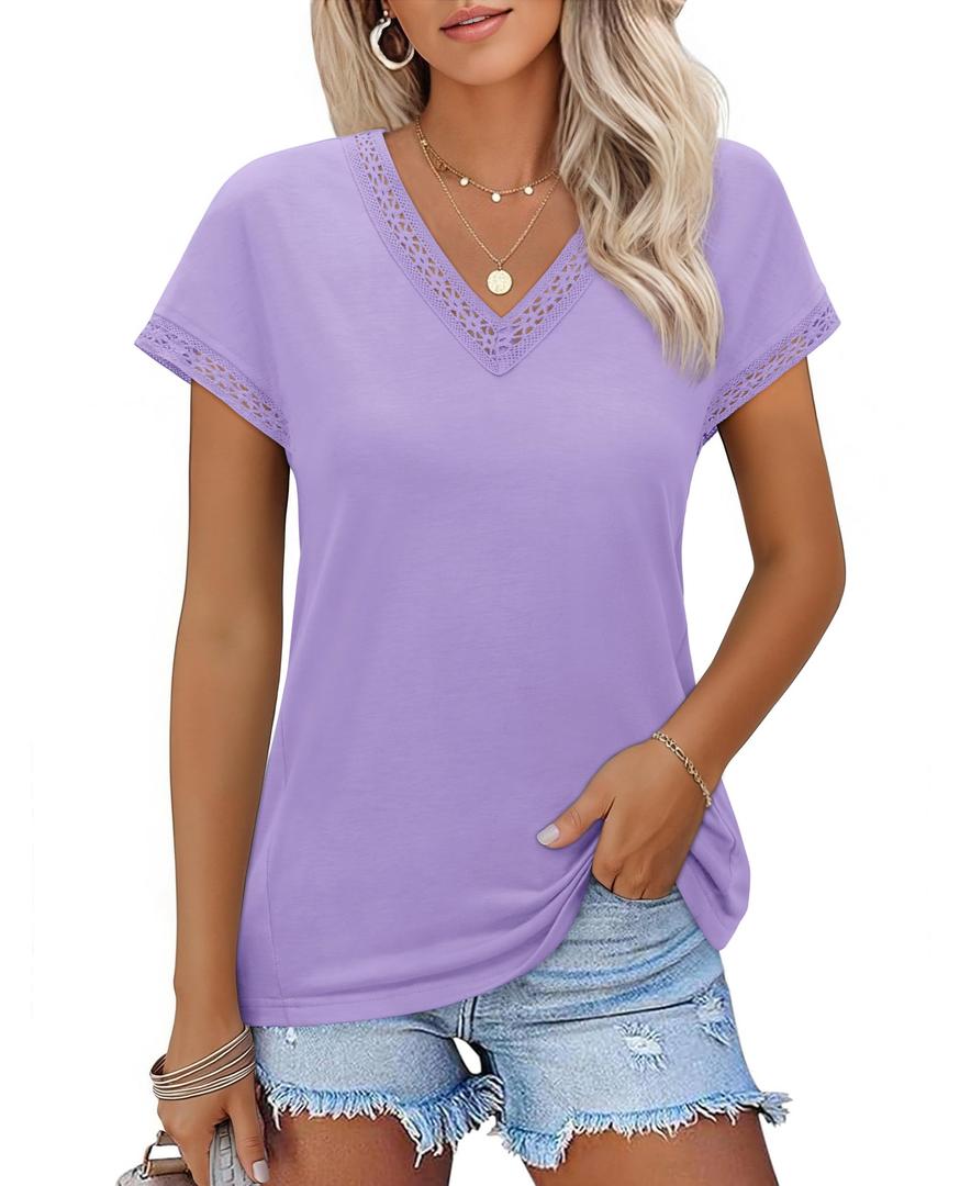 Womens Short Sleeve Tops Business Casual Purple Shirts for Women Cap Sleeve Lace Outfits V Neck Blouses for Women Work Professional Formal Clothes Summer Work Office Petite Clothing (Purple, S)