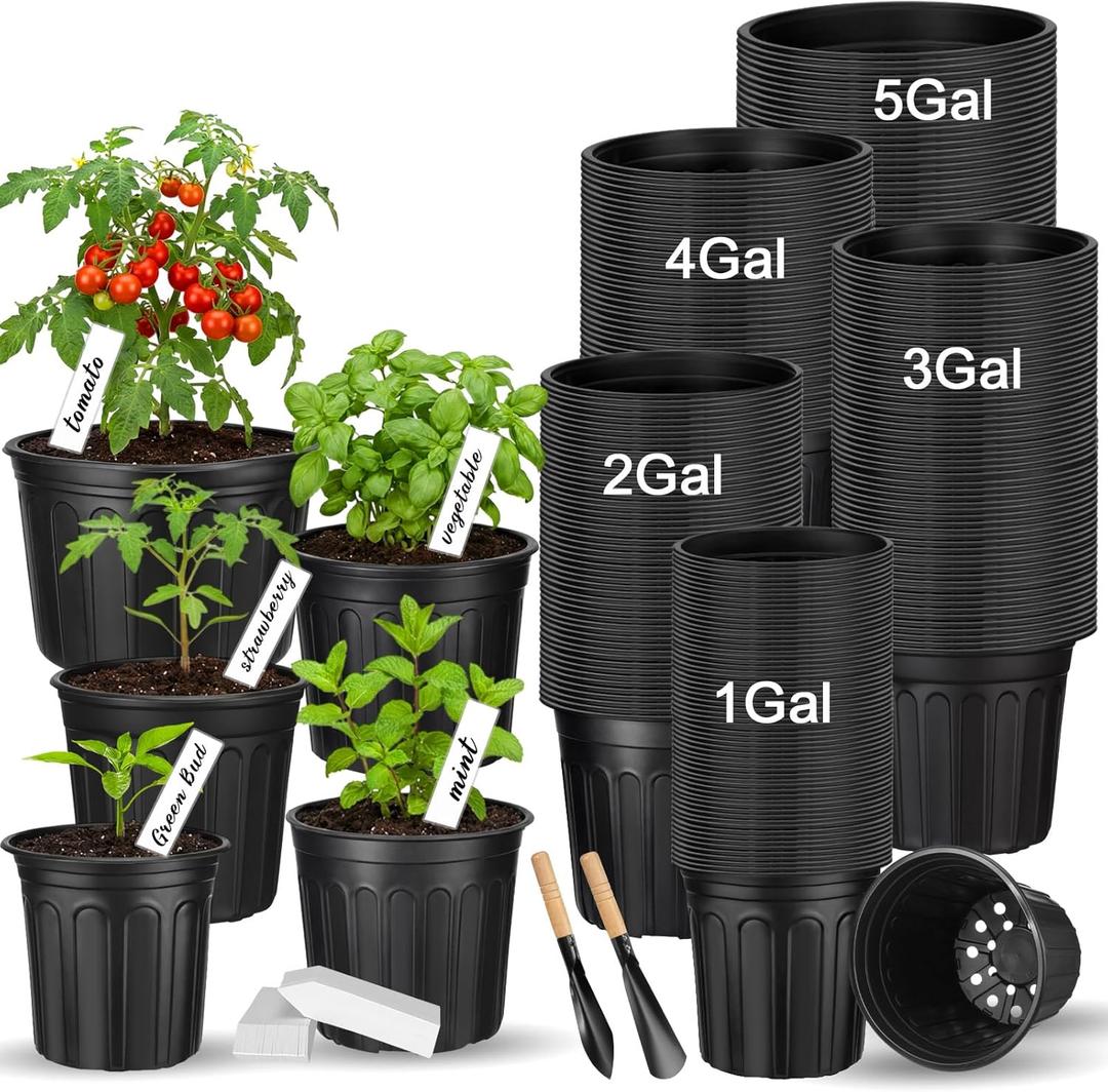 225 Pack 5 Gallon Nursery Pots Bulk Set 5/4/3/2/1 Gal Black Plastic Plant Pots with Drainage Holes, Plant Labels, Mini Shovels, Large Flower Containers for Tomatoes Roses Indoor Outdoor
