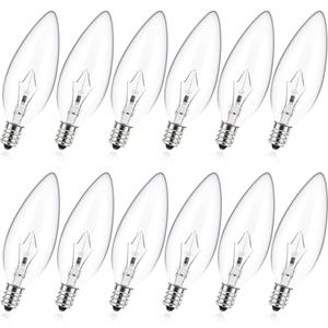 MEQIQTEK E12 60 Watt Incandescent Candle Light Bulbs, Chandelier Light Bulbs for Ceiling Fan, Vanity, Outdoor - Warm White 2500K, 500 Lumen Dimmable B10 Clear Candelabra Base Bulbs (12 Pack)