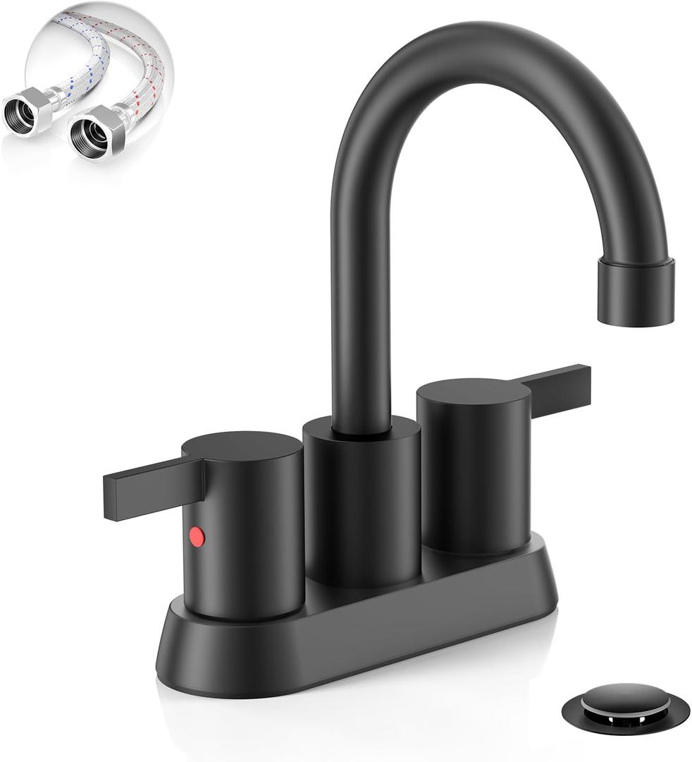 Phiestina 4 Inch 2 Handle Centerset Matte Black Lead-Free Modern Bathroom Faucet, 360 Swivel Spout 2-3 Hole RV Bathroom Vanity Sink Faucet with Pop Up Drain and Water Supply LinesBF015-1-MB
