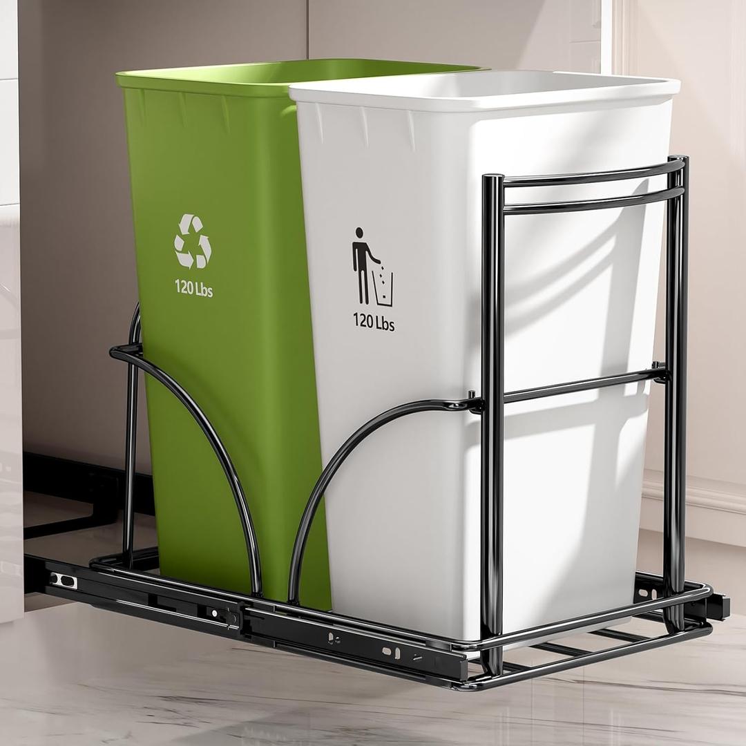Dual Trash Can Pull Out Under Kitchen Sink Counter, NO CAN, Slider for Double 35Qt Bins(7-9 Gal), Recycling Bin & Garbage Can Pullout Kit, Quiet Close Sturdy Shelf, Requires Cabinet 16"W*17"H*23"D