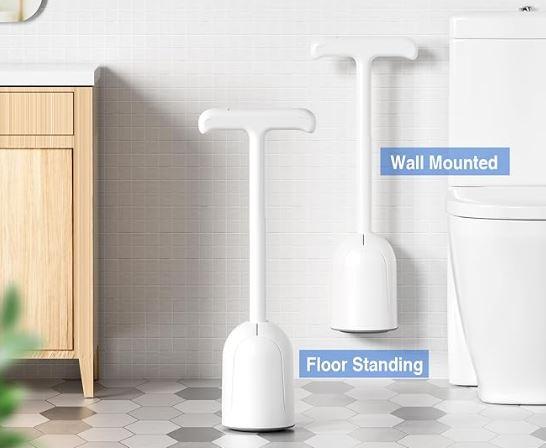 Upgraded Toilet Plunger with Holder, Wall Mounted Toilet Bowl Plunger with Hideaway Caddy, Dual Handle Plunger for Bathroom Built-in Drip Tray, RV Bathroom Accessories, White