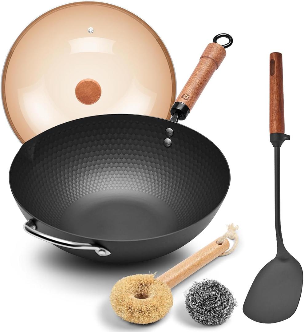 WANGYUANJI 12.6" Wok with Lid, Flat Bottom Nonstick Wok Pan for Induction Cooktop, Stir Fry Woks & Pans for Cooking