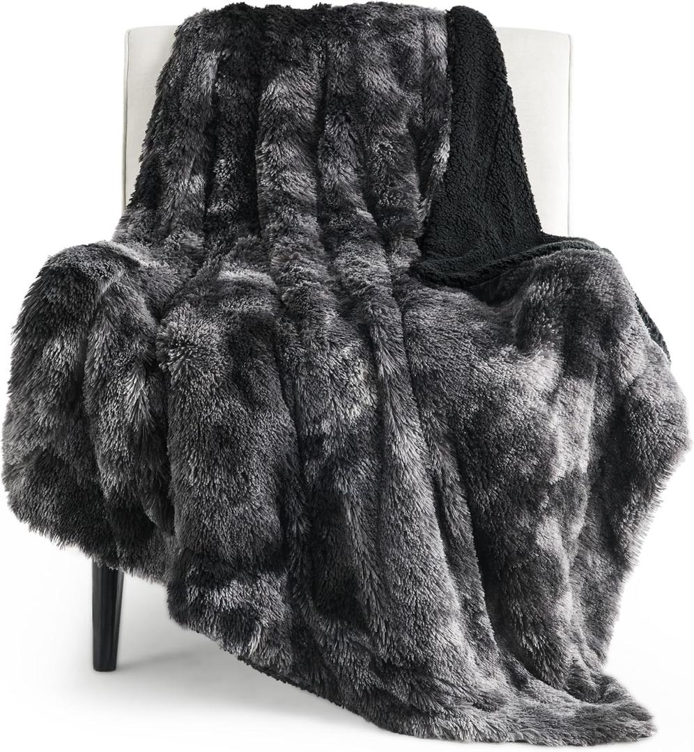Bedsure GentleSoft Fluffy Black Blanket Cozy Gifts for Men, Black Home Decor Soft Fuzzy Plush Thick Warm Sherpa Fleece Faux Fur Throw Blanket for Couch Bed, Living Room College Dorm Decor, 50x60 (03- Tie Dye Black)