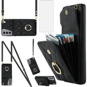 Asuwish Phone Case for Samsung Galaxy S21 5G 6.2 inch Wallet Cover with Tempered Glass Screen Protector and Wrist Strap Ring RFID Blocking Credit Card Holder Leather Cell S 21 21S G5 Women Girls Black