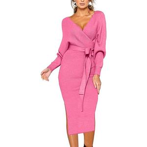 CHERFLY Women's V Neck Sweater Dresses Batwing Long Sleeve Backless Bodycon Long Dress with Belt(Pink, S)