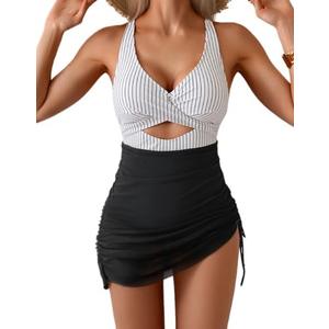 B2prity Women Mesh One Piece Swimdress Swimsuit Tummy Control V Neck Cutout Bathing Suit Wrap Drawstring Sarong Swimwear, Size XL